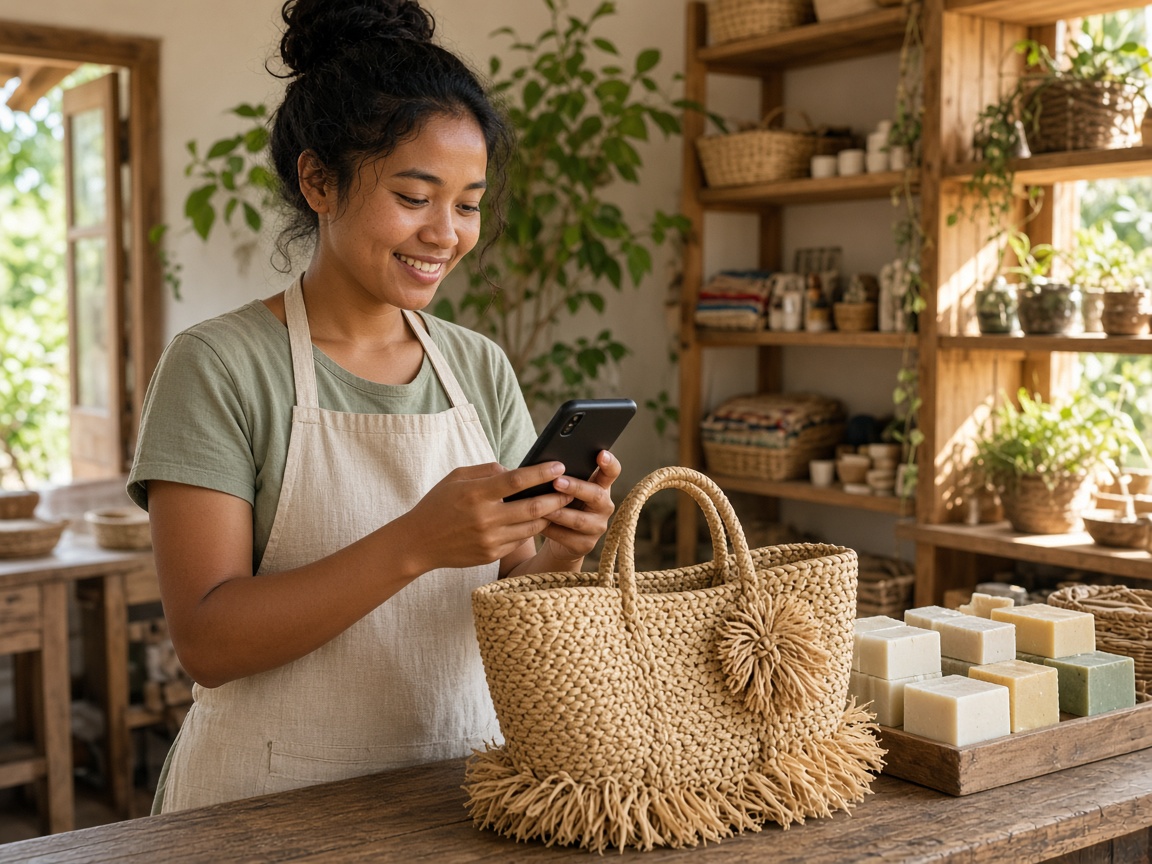 Une commerçante photographie un sac et des savons avec son téléphone.