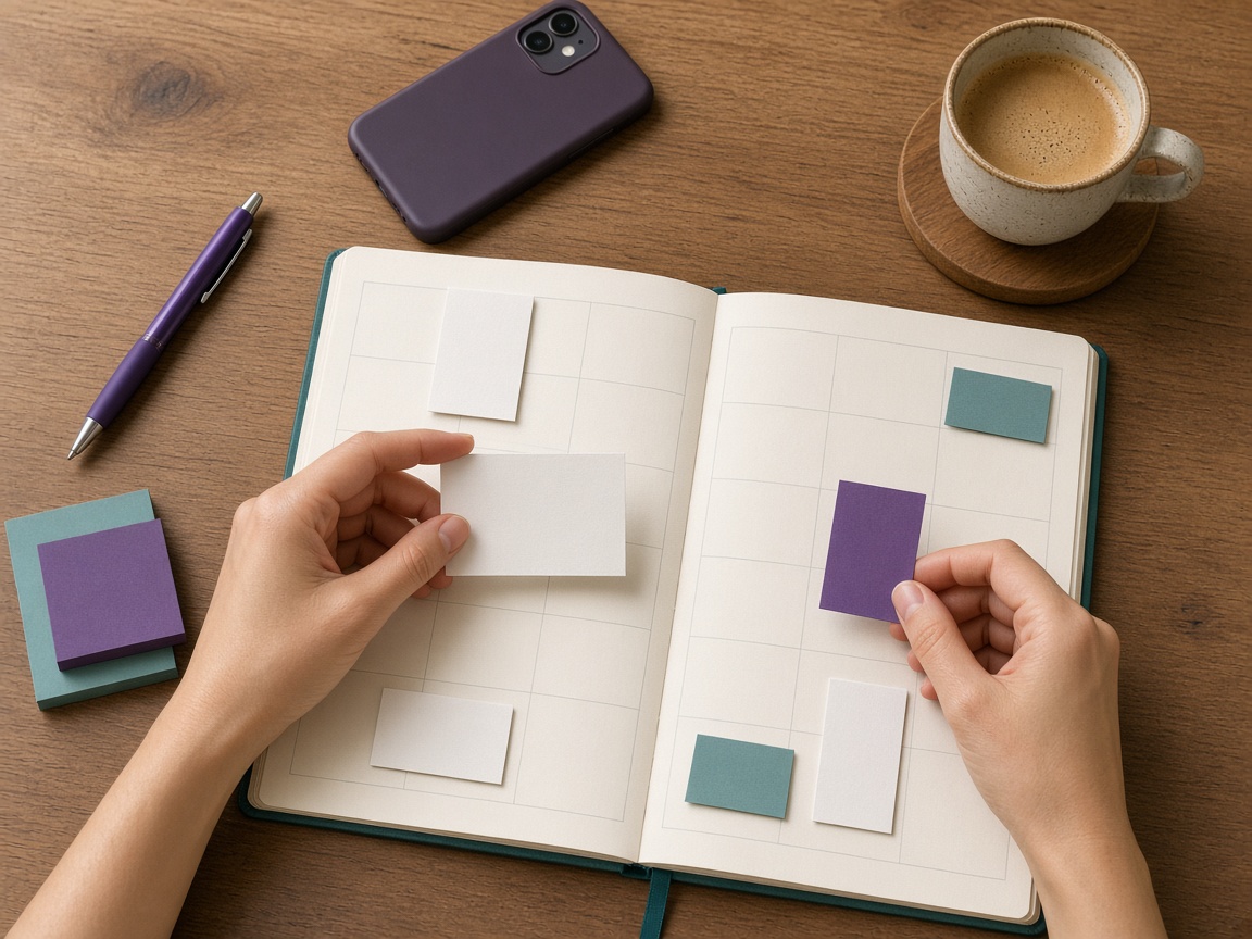 Des mains placent des notes sur un calendrier de publications.