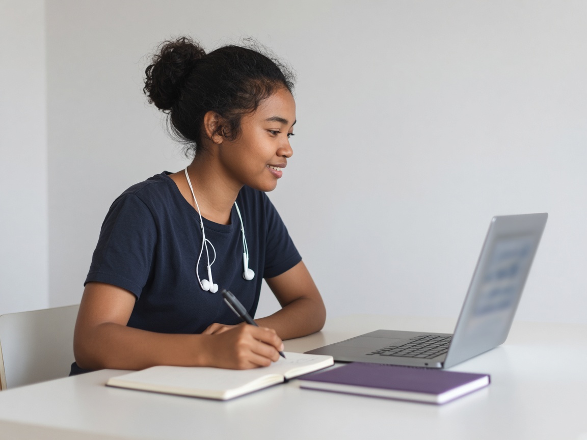 Une étudiante prend des notes devant son ordinateur.