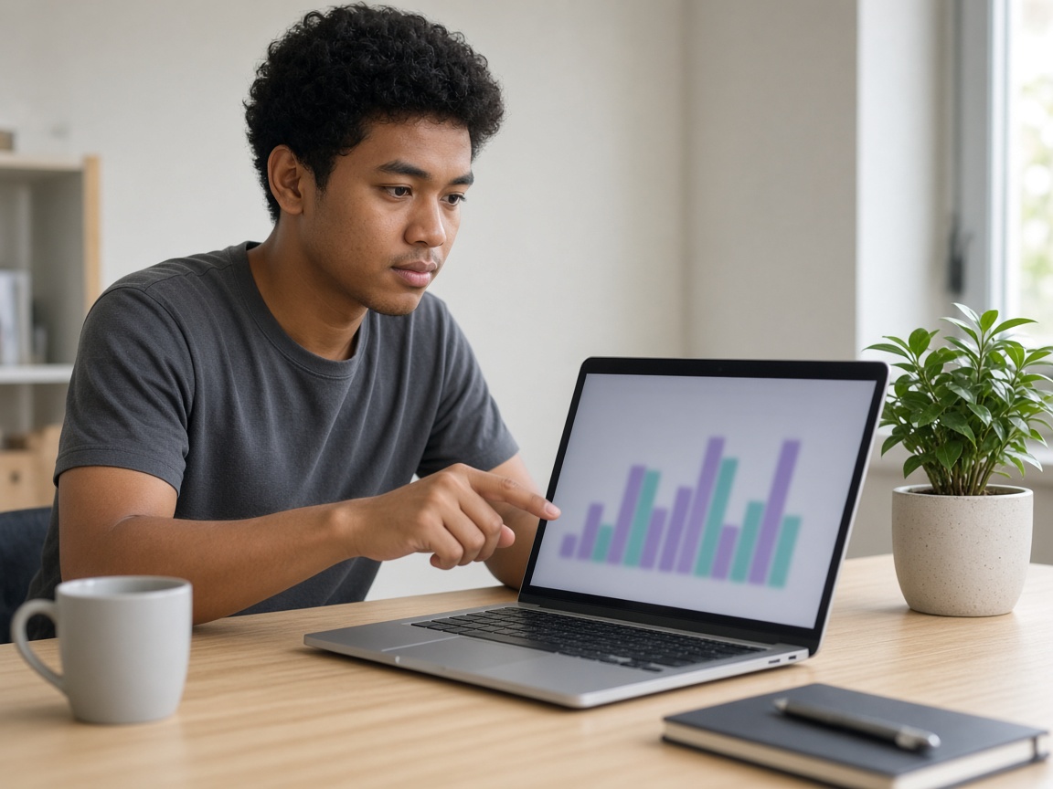 Une personne lit un graphique de statistiques sur un ordinateur portable.